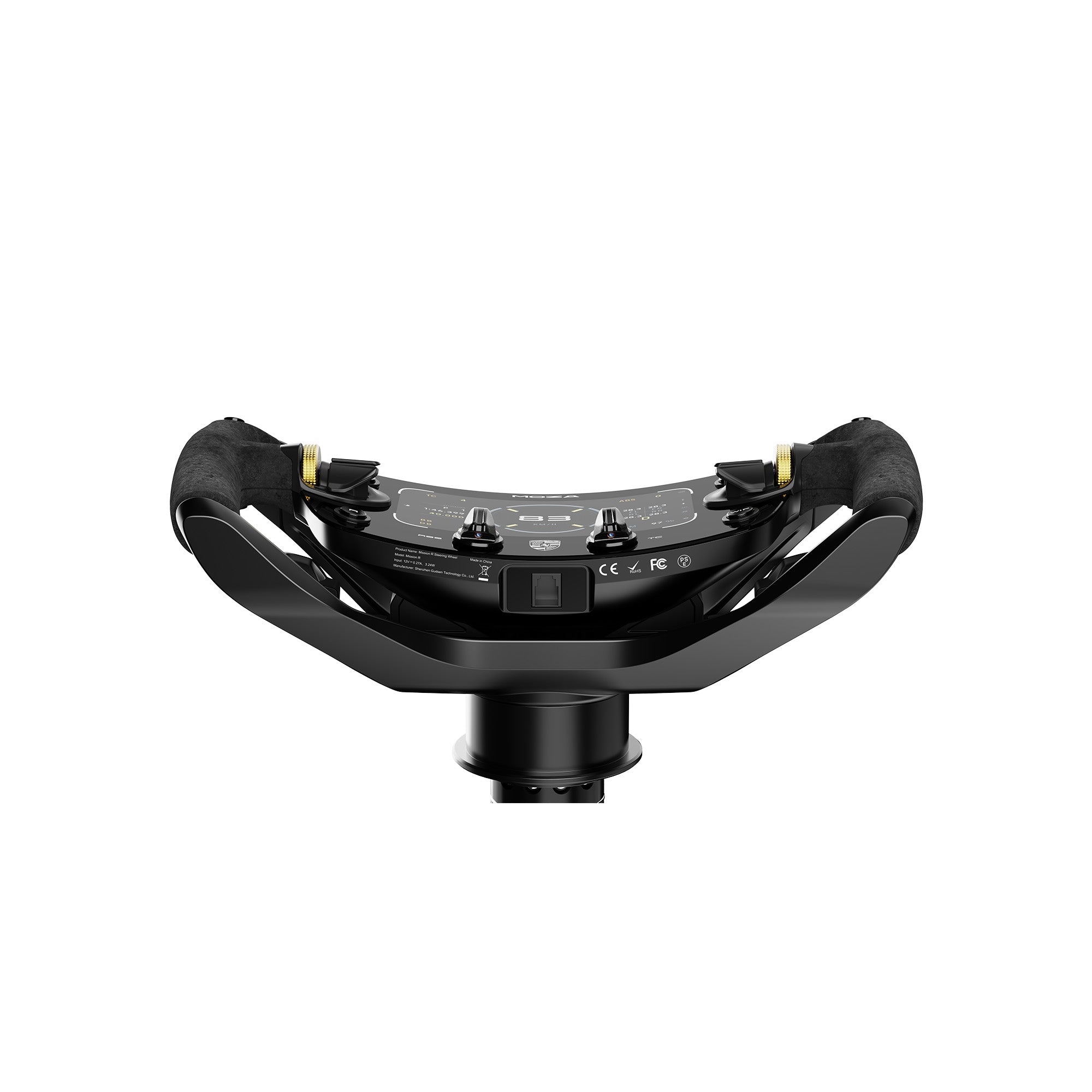 Low-angle view of MOZA Porsche Mission R Steering Wheel for PC sim racing